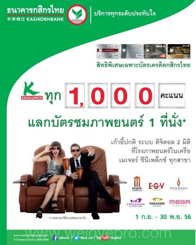 โปรโมชั่น บัตรเครดิต ธนาคารกสิกรไทย คะแนน แลกบัตรชมภาพยนตร์ฟรี 1 ที่นั่ง